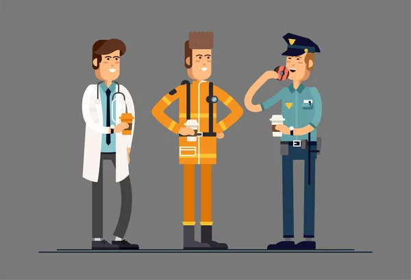 Group of people, different professions workers, friends, drinking coffee . Teamwork concept- policeman, firefighter, doctor.