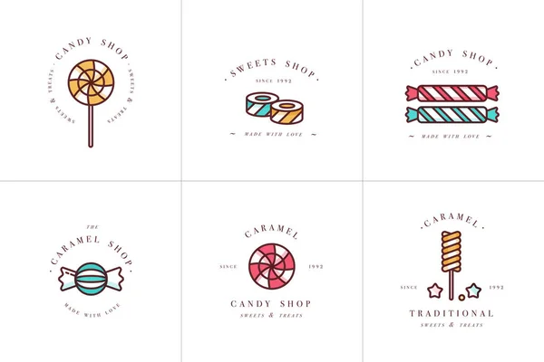 Vector set design colorful templates logo and emblems - lollipops with sprinkles caramel candies. Different sweets icon. Logos in trendy linear style isolated on white background. — Stock Vector