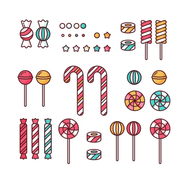 お菓子セット振りかけると線形ロリポップ、スパイラルやキャラメルのカラフルなお菓子のベクトル イラスト. — ストックベクタ