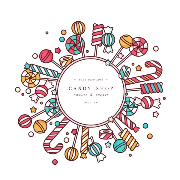 Candy shop okrągły tło ramki z liniowej lizaki z posypką, spirala i kolorowych cukierków karmelowych wektor ilustracja. — Wektor stockowy