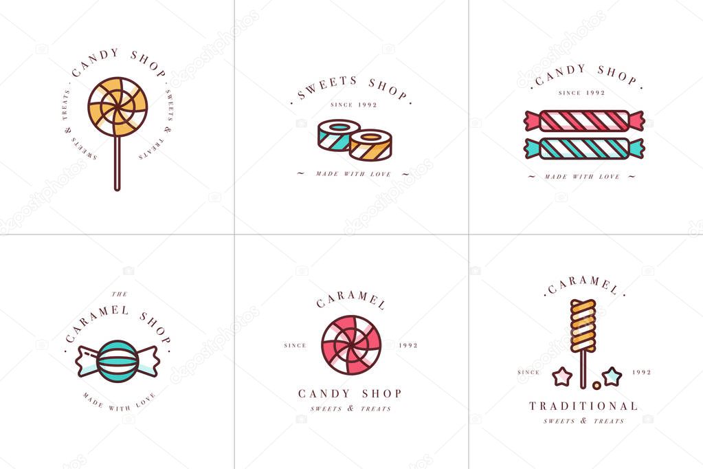 Vector set design colorful templates logo and emblems - lollipops with sprinkles caramel candies. Different sweets icon. Logos in trendy linear style isolated on white background.