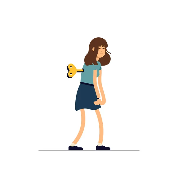 Ilustración vectorial mujer joven cansada, estado de ánimo somnoliento, salud débil, agotamiento mental. Ilustración conceptual personaje femenino como juguete relojero . — Vector de stock