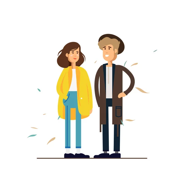 Colorida ilustración vectorial de pie pareja romántica feliz caminando juntos. Personajes planos de dibujos animados hipster aislados sobre fondo blanco. Humor de otoño . — Vector de stock