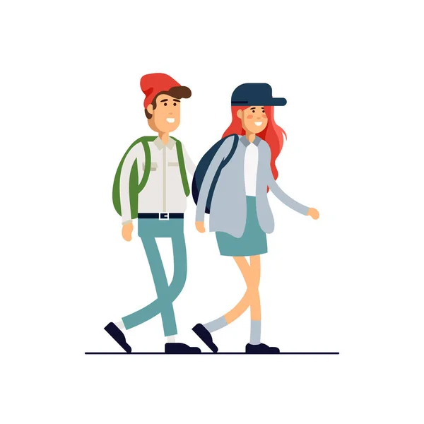 Renkli vektör çizim mutlu romantik çiftler birlikte yürüme ayakta ayarlayın. Beyaz arka plan üzerinde izole düz çizgi film hipster karakterleri. — Stok Vektör