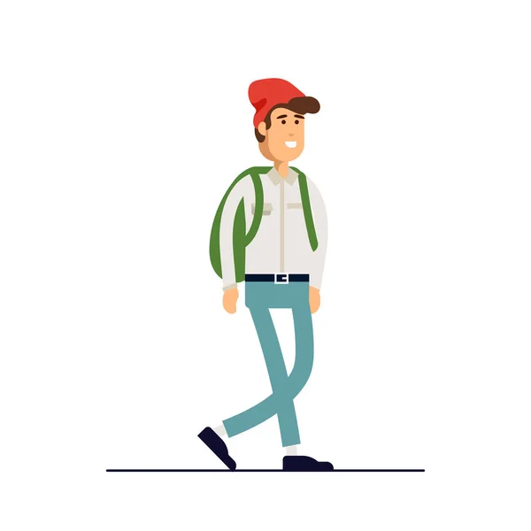 Colorful vector illustration standing happy young man wearing shirt and denim pants. Flat cartoon hipster character isolated on white background. — Stock Vector