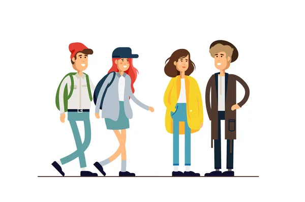 Colorato set di illustrazione vettoriale di coppie romantiche in piedi felici che camminano insieme. Piatto personaggi hipster dei cartoni animati isolati su sfondo bianco . — Vettoriale Stock