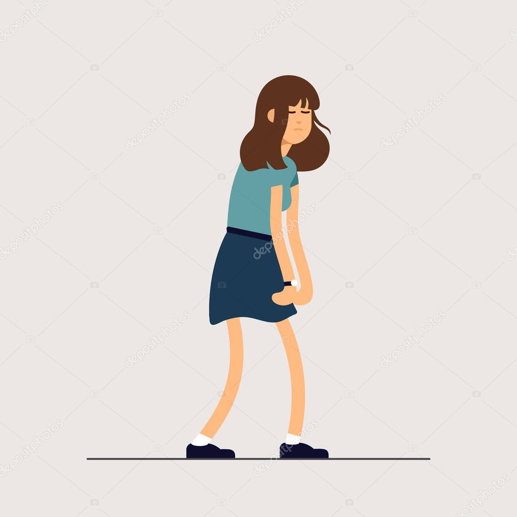 Vector illustration young tired woman, sleepy mood, weak health, mental exhausted. Concept illustration female character is very sad.