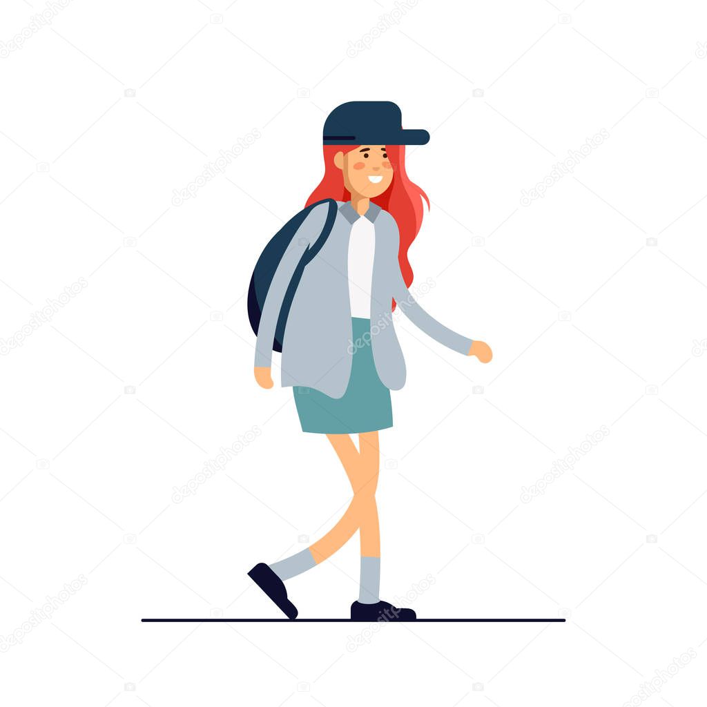 Colorful vector illustration standing happy young woman wearing shirt and denim skirt. Flat cartoon hipster characters isolated on white background.