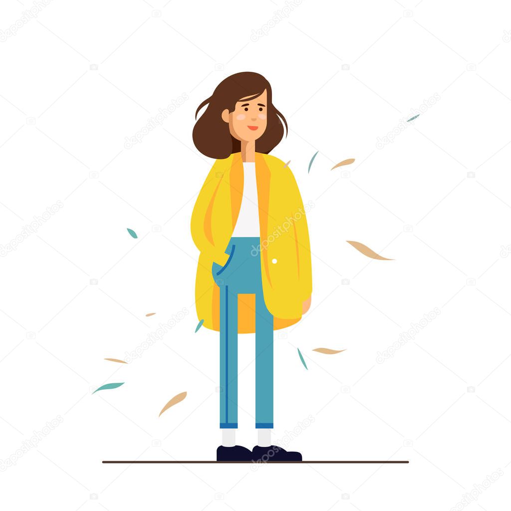 Colorful vector illustration standing happy young woman wearing a yellow coat. Flat cartoon hipster characters isolated on white background. Autumn mood.