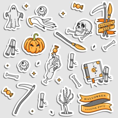 Vektör esnaf doğrusal simgeler kümesi mutlu Cadılar Bayramı için. Rozetleri ve parti ve Fuarı için etiket. Ya parani ya canini çıkartmaları. Tipografi tırnak. Yama rozetleri ve toplu iğneler.