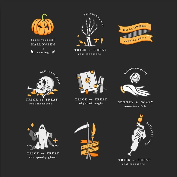 Illustrazione vettoriale serie di icone lineari per Buon Halloween. Badge ed Etichette per feste ed eventi fieristici. Dolcetto o scherzetto. Citazioni tipografiche . — Vettoriale Stock