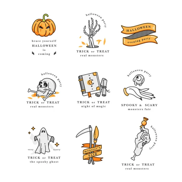 Illustrazione vettoriale serie di icone lineari per Buon Halloween. Badge ed Etichette per feste ed eventi fieristici. Dolcetto o scherzetto. Citazioni tipografiche . — Vettoriale Stock