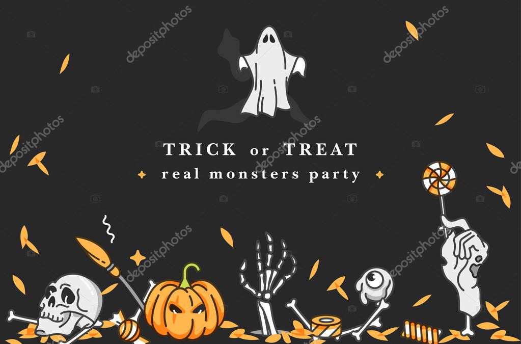 Vector illustartion set of linear icons for Happy Halloween. Background celebration