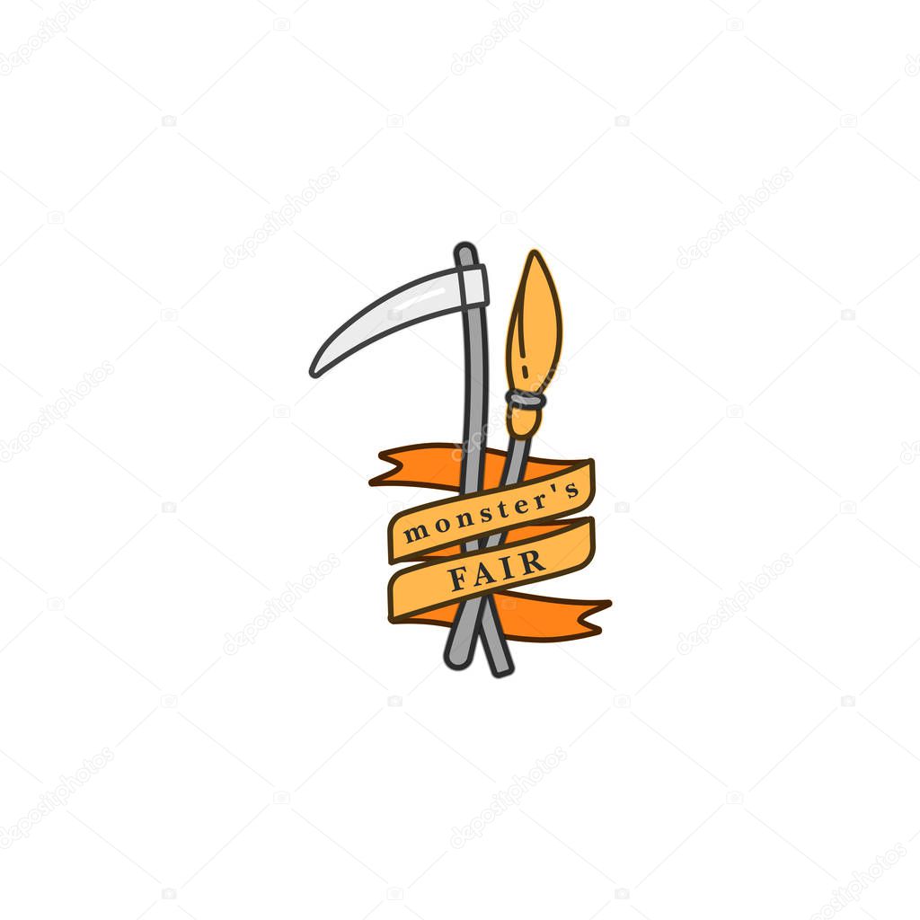 Vector illuatration broomstick and reaper with ribbon. Happy Halloween fair celebration. Holiday badge on white background.