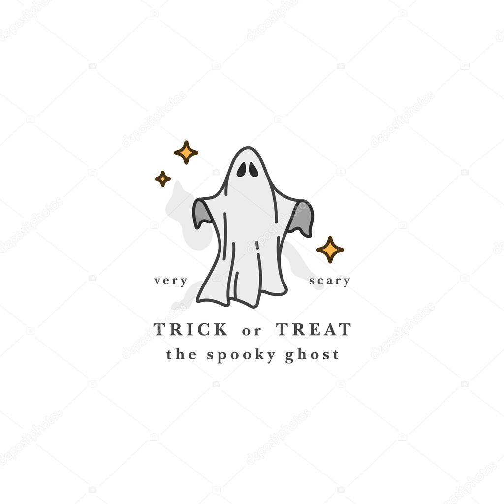 Vector illuatration Flying ghost spirit. Happy Halloween party celebration. Scary white ghosts. Holiday badge on white background. Greeting or invitation card.