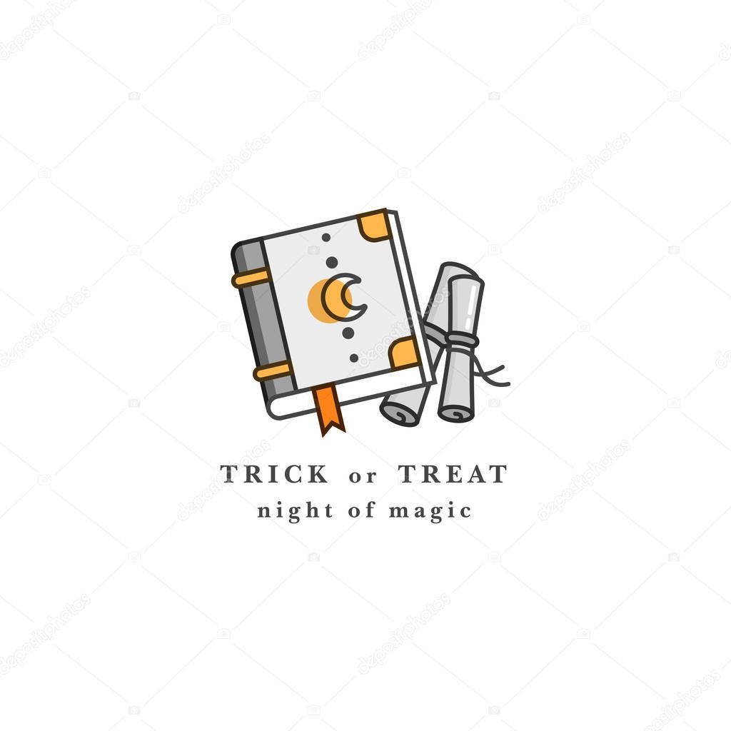 Vector illuatration spell book. Happy Halloween party celebration. Grimoire. Holiday badge on white background.