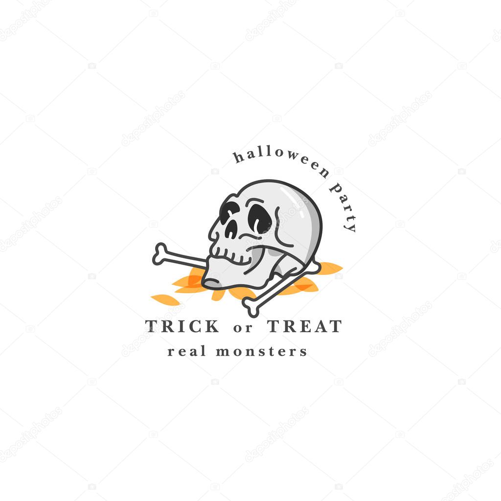 Vector illuatration human skull with bones. Happy Halloween party celebration. Holiday badge on white background. Greeting or invitation card for monsters fair or party.