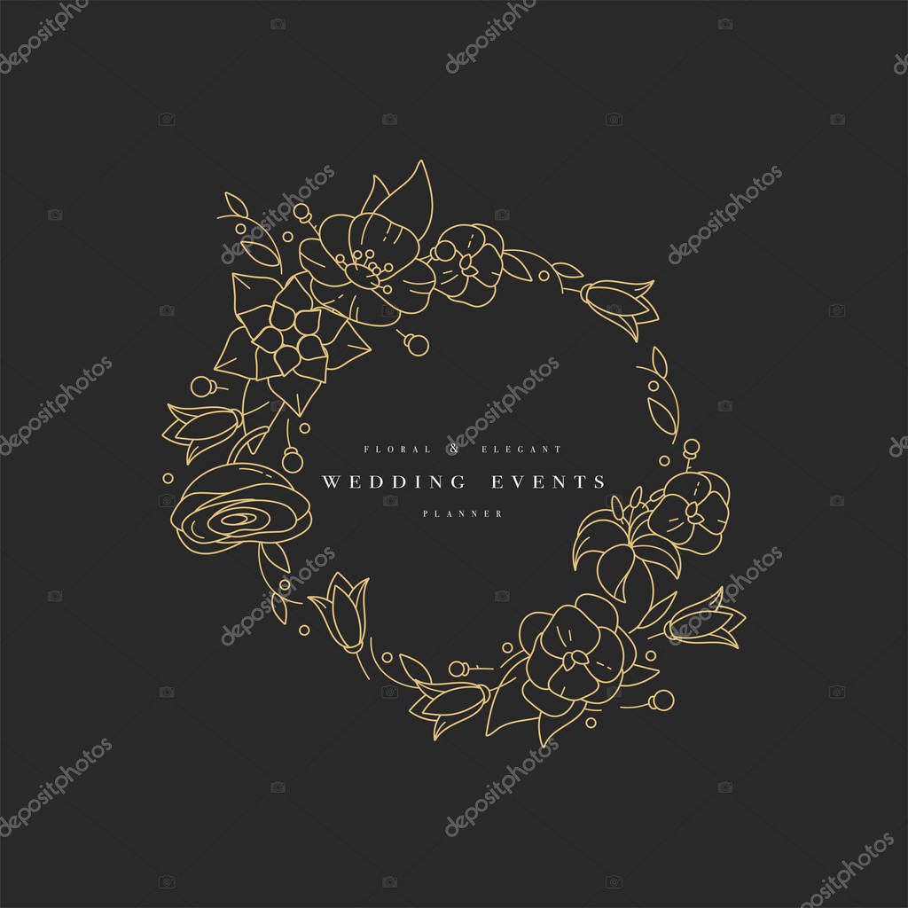 Vector wedding background or invitation card. Floral Illustration-hydrangea, ranunculus, anemone and lily. Premium golden quality sign