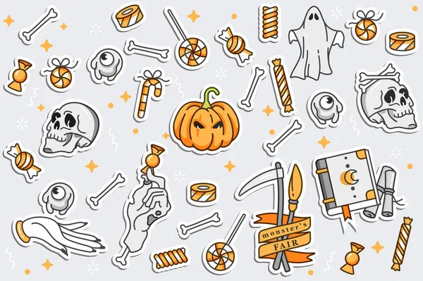 Illustrazione vettoriale serie di icone lineari per Buon Halloween. Distintivi ed etichette. Distintivi e spilli patch . — Vettoriale Stock