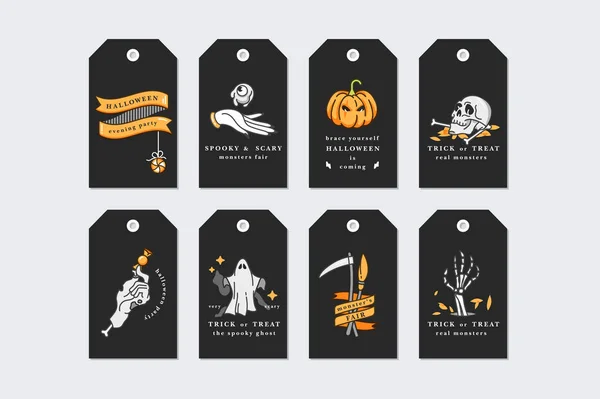 Vector illustration set of linear icons for Happy Halloween. Happy Halloween gift tags on black background. — Stock Vector