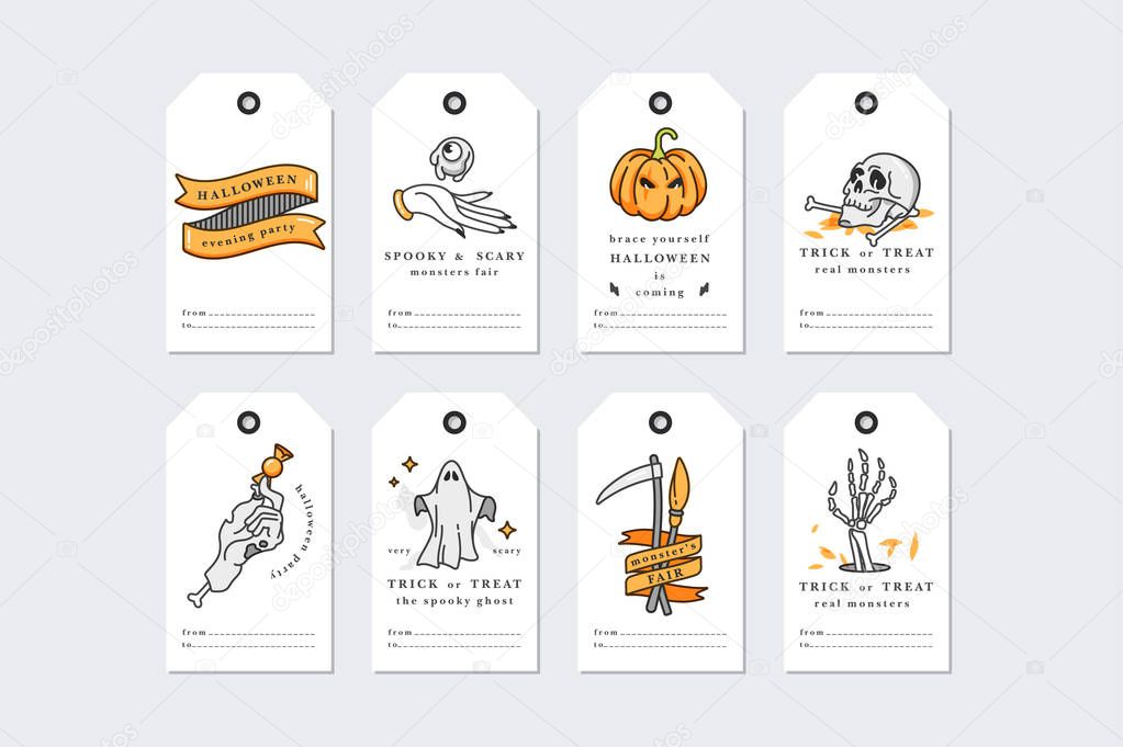 Vector illustration set of linear icons for Happy Halloween. Happy Halloween gift tags on white background
