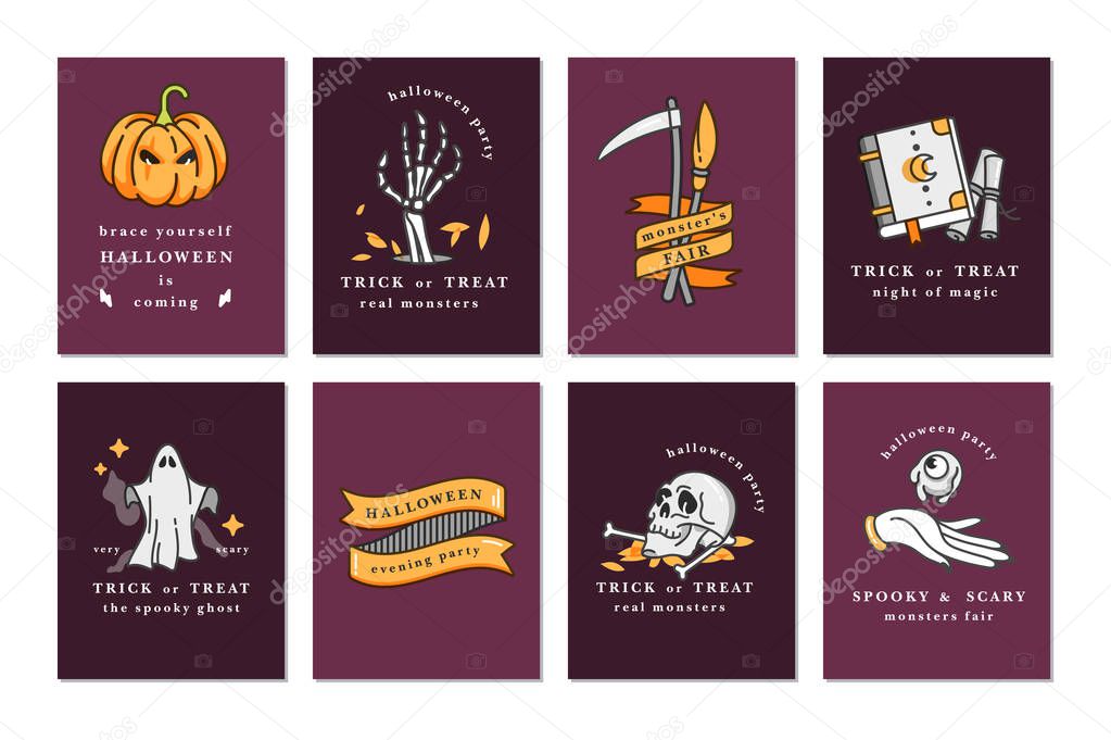 Vector illustration set of linear icons for Happy Halloween. Happy Halloween greeting cards