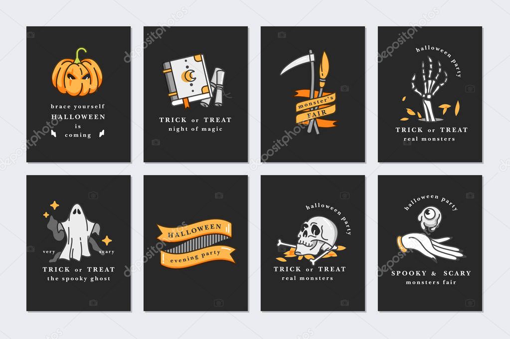 Vector illustration set of linear icons for Happy Halloween. Happy Halloween greeting cards on black background