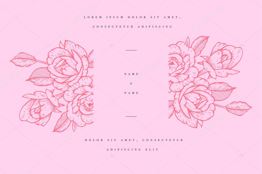Vintage card with rose flowers. Floral wreath. Flower frame for wedding invitation. Summer floral rose greeting card. Flowers background