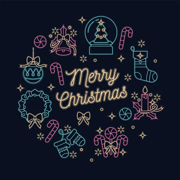 ベクトルの線形ネオン デザイン暗い背景にクリスマスのグリーティング カード。タイポグラフィとクリスマス背景、バナーやポスター、その他 printables のアイコン. — ストックベクタ