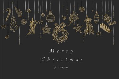 Vektör el altın renk tebrik kartı Noel için tasarım çizin. Tipografi ve Xmas arka plan, afiş veya afiş ve diğer printables simgesi. Kış tatil tasarım öğeleri.