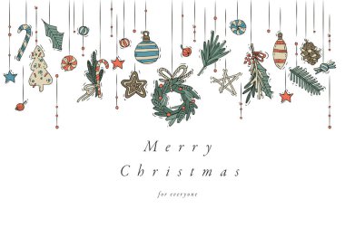 Vektör ele tasarım Noel tebrik kartı renkli renk için çekin. Tipografi ve Xmas arka plan, afiş veya afiş ve diğer printables simgesi. Kış tatil tasarım öğeleri.