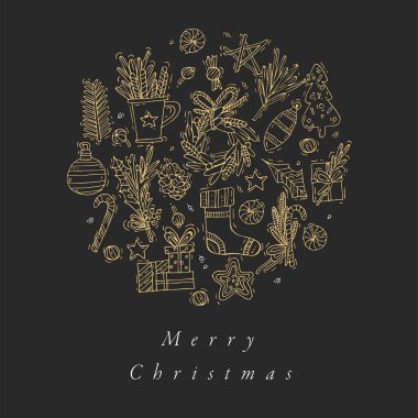 Vektör el altın renk tebrik kartı Noel için tasarım çizin. Tipografi ve Xmas arka plan, afiş veya afiş ve diğer printables simgesi. Kış tatil tasarım öğeleri.