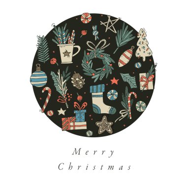Vektör ele tasarım Noel tebrik kartı renkli renk için çekin. Tipografi ve Xmas arka plan, afiş veya afiş ve diğer printables simgesi. Kış tatil tasarım öğeleri.