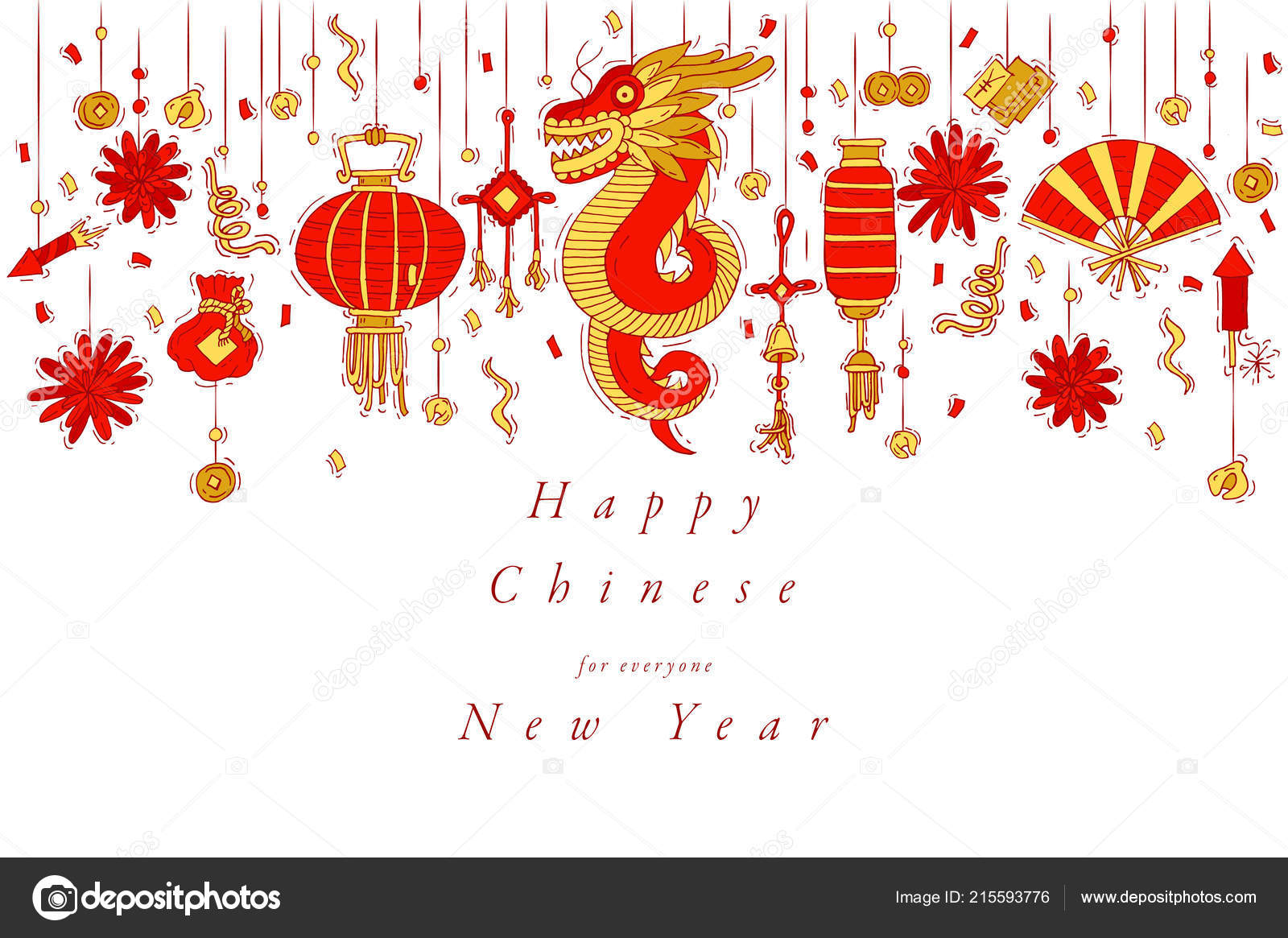Vector hand draw design for Chinese New Year greetings card colorful color.  Typography and icon for Xmas background, banners or posters and other  printables. Traditional holidays decoration items. Stock Vector Image by ©