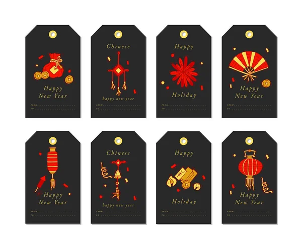 Διάνυσμα γραμμικό σχέδιο για το κινεζικό νέο έτος χαιρετισμούς με παραδοσιακά στοιχεία και itams σε λευκό φόντο. Ετικέτες Χριστουγεννιάτικα Σετ με τυπογραφία και πολύχρωμο εικονίδιο. — Διανυσματικό Αρχείο