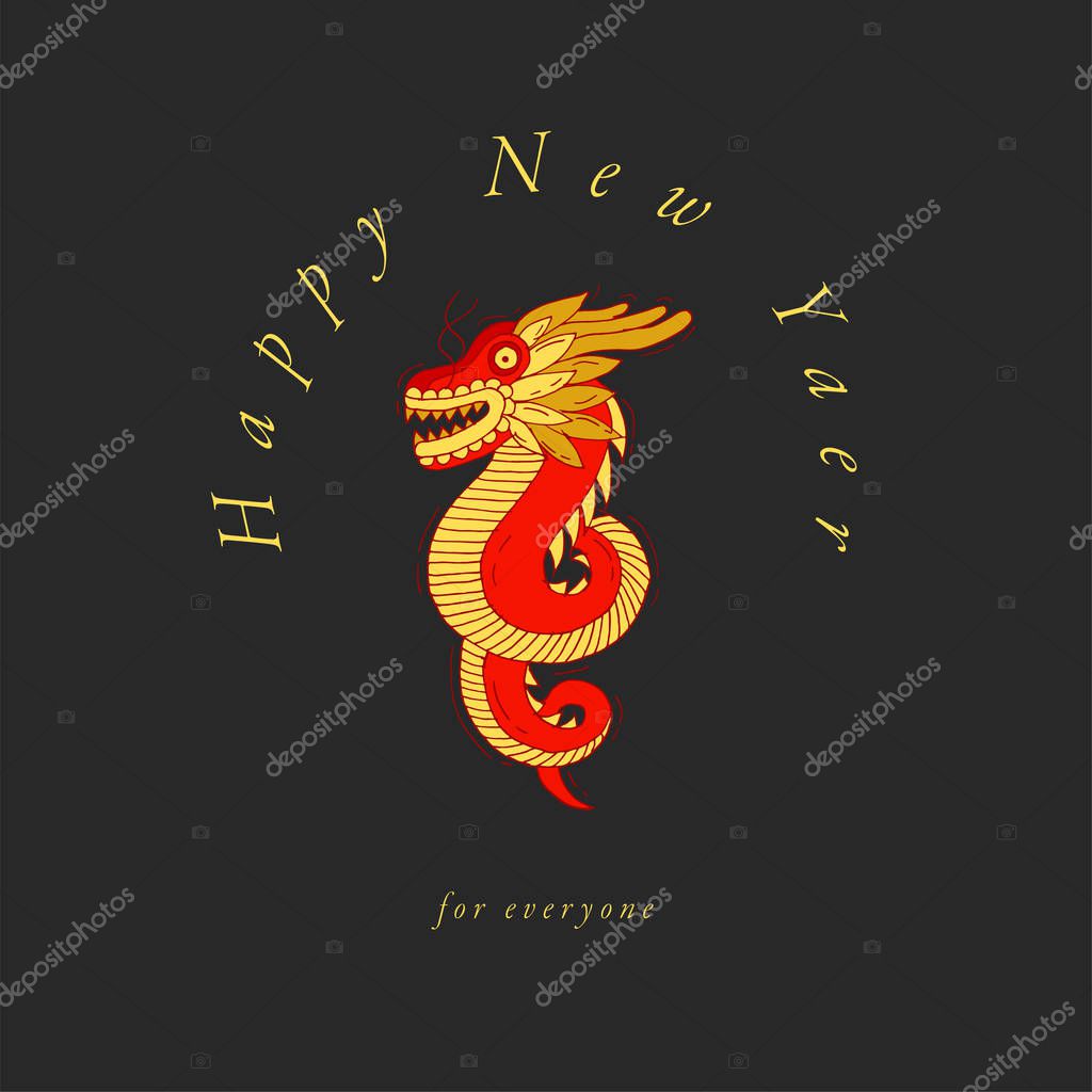 Vector illustration chinese red and golden dragon on white background. Happy Chinese greetings. Hand drawn sketch for decorative design of Asian culture celebrations