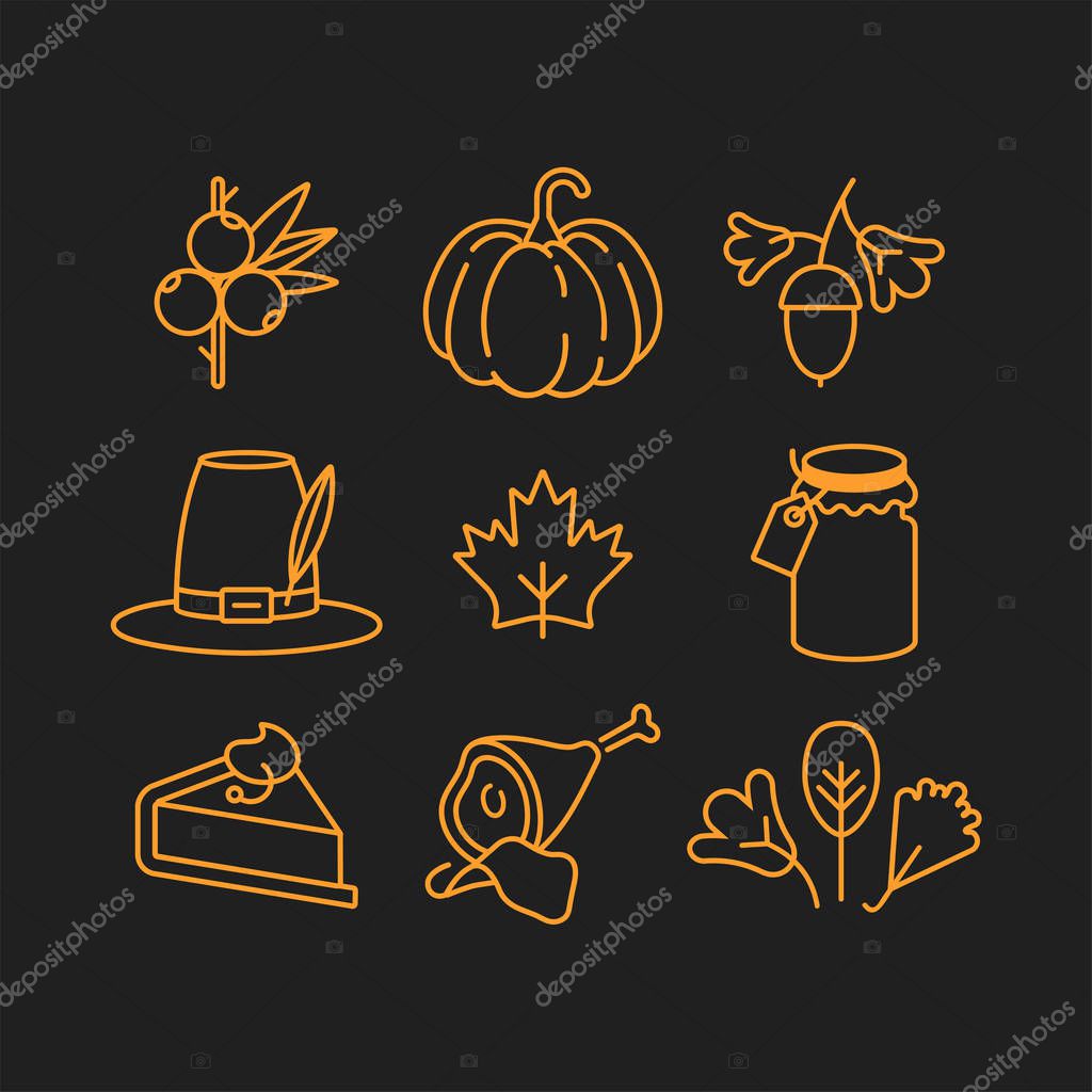 Vector linear design Thanksgiving day. Icons and signs for autumn holiday background, banners or posters and other printables