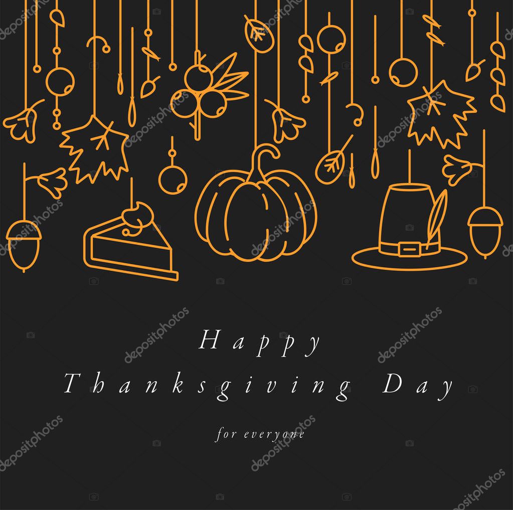 Vector linear design Thanksgiving day greetings card. Typography ang icon for autumn holiday background, banners or posters and other printables