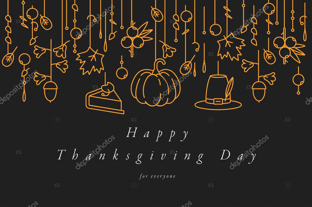 Vector linear design Thanksgiving day greetings card. Typography ang icon for autumn holiday background, banners or posters and other printables