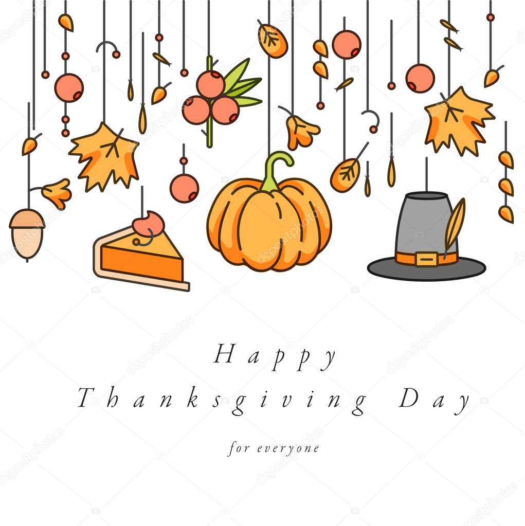 Vector linear design Thanksgiving day greetings card. Typography ang icon for autumn holiday background, banners or posters and other printables