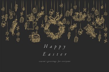 Paskalya yumurta kompozisyon. Beyaz arka plan üzerinde renkli doğrusal simgeler. Süs yumurta asılı. Mutlu Paskalya tebrik kartı.