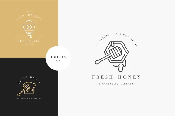 Conjunto de vectores logotipos de ilustración y plantillas de diseño o insignias. Etiquetas y etiquetas de miel ecológica y ecológica con abejas. Estilo lineal y color dorado . — Vector de stock