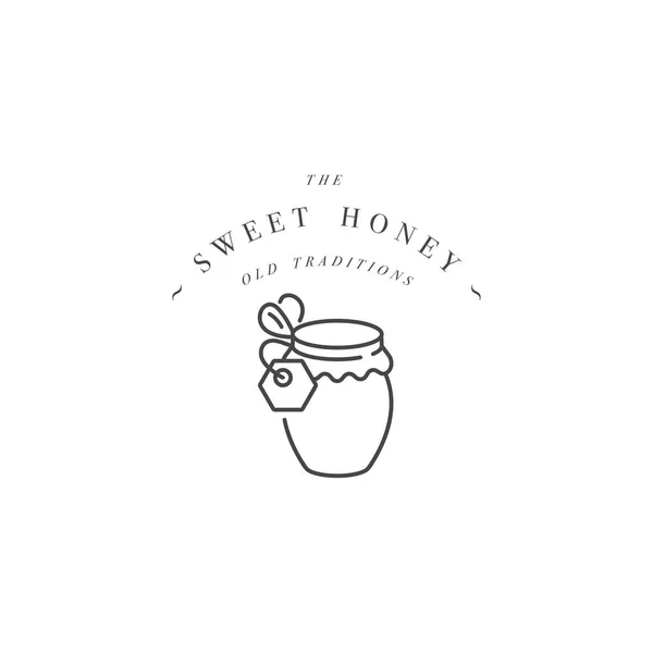 Logo vectoriel illustartion et modèle ou badge design. Étiquette miel bio et éco bouteille de miel. Style linéaire . — Image vectorielle