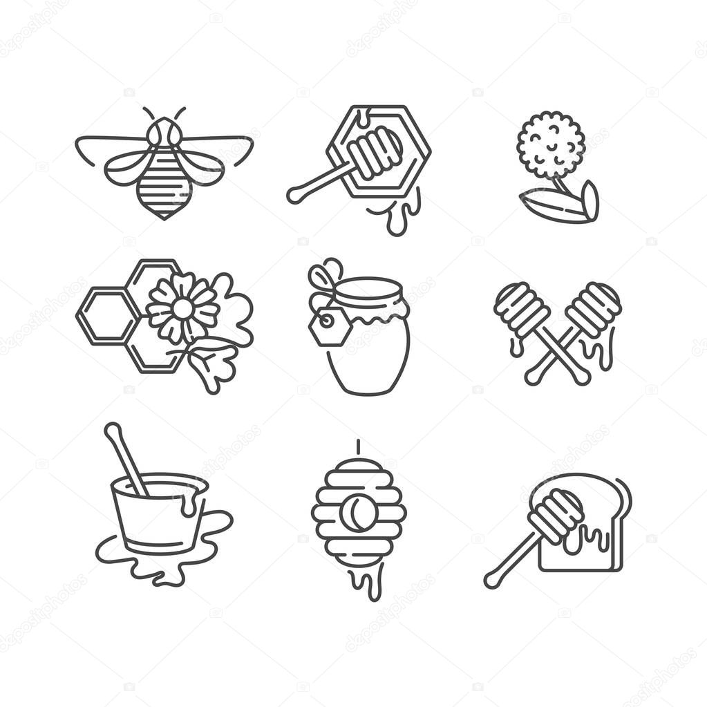 Vector set illustartion icon and design templates. Organic and eco honey signs with bees. Linear style.