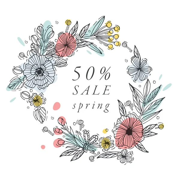 Vector hand draw flowers design for spring sale card colorful color. Typography and icon for special sale offer background, banners or posters and other printables. — Stock Vector