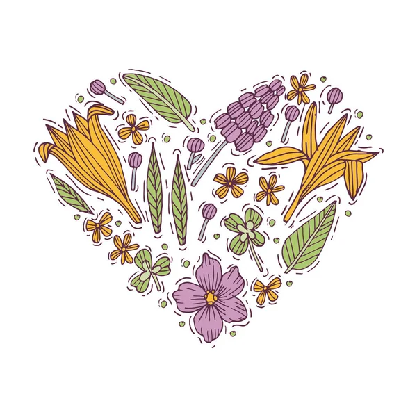 Colorato mano disegnare fiori e foglie a forma di cuore. Fiori in stile inciso. Biglietto di San Valentino. Illustrazione vettoriale . — Vettoriale Stock