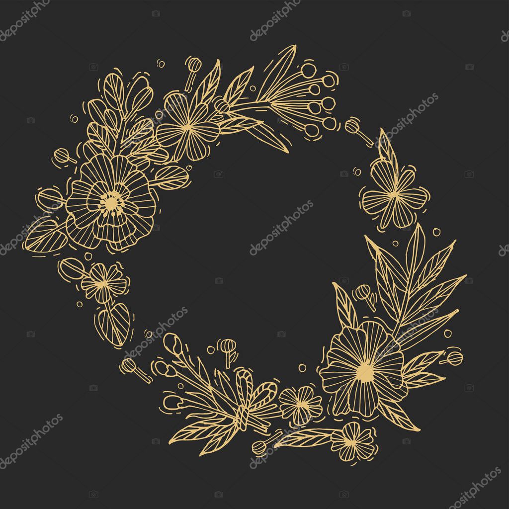 Vector wedding background or invitation card. Floral Illustration-hydrangea, ranunculus, anemone and lily. Premium golden quality sign