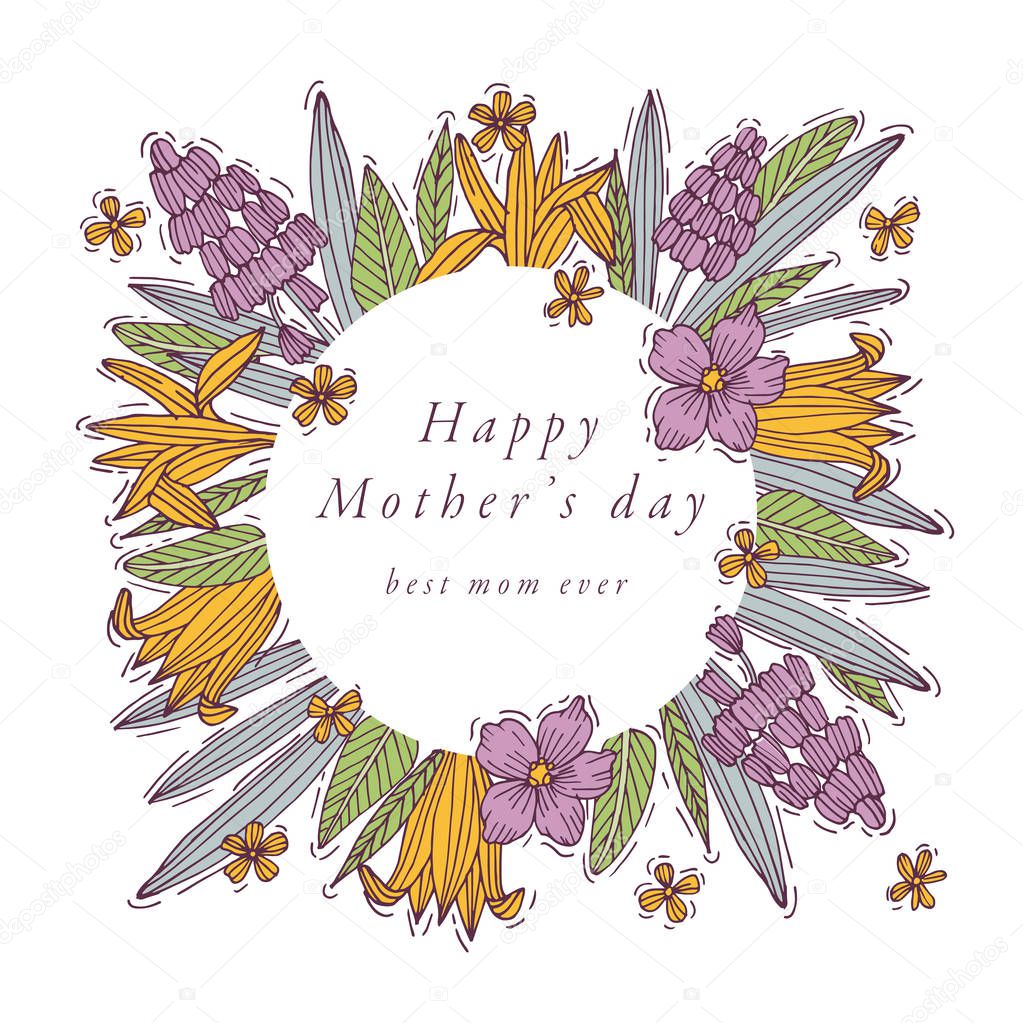Vector hand draw design for Mothers day greetings card colorful color. Typography and icon for spring holiday background, banners or posters and other printables.