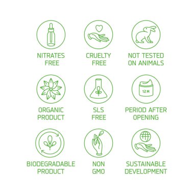 Vektör logolar, rozetleri ve doğal çevre dostu el yapımı ürünler, Organik Kozmetik, beyaz arka plan üzerinde izole vegan ve vejetaryen yemek için simgeler kümesi. Çevre güvenli oturum tasarım.