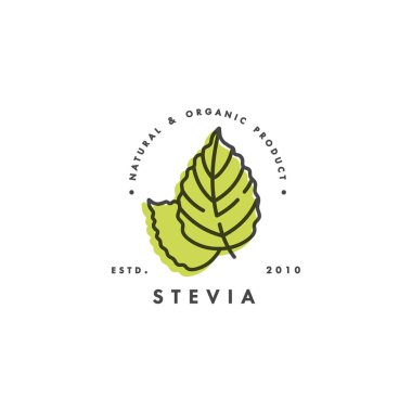 Vektör Lineer stevia etiketleri, logo, rozetleri ve simgeler. Doğal tatlandırıcı tasarım öğesi. İzole organik stevia simgesi. Çevre güvenli stevia rozet tasarım.